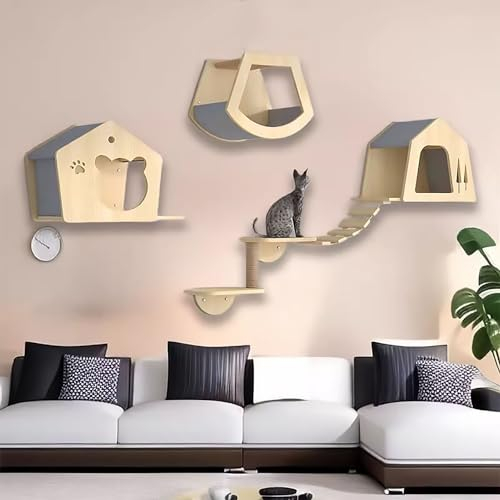 Katzenmöbel Wand Set, Katze Wandelement, Katze Kletterlandschaft, Platzsparende DIY-Katzen-Kletterwand zum Klettern, Schlafen und Spielen(Style3)