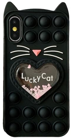 Asgens Fidget Pop Coque pour iPhone X/XS, Dessin Animé Chat Noir Sables Mouvants Scintillantes Bulles Résistant aux Chocs Coque Souple en Silicone pour Apple iPhone X/XS 5.8