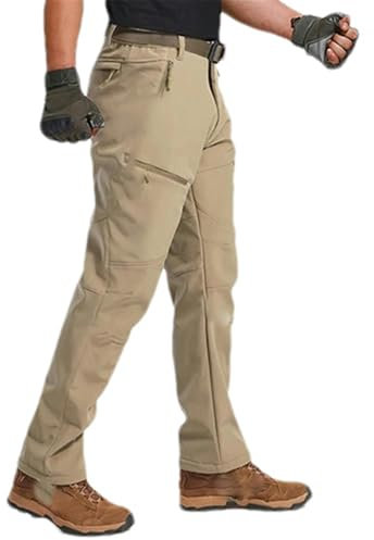 Winter-Fleece-gefütterte Hose für Herren warme Cargo-Arbeitshose mit Mehreren Taschen Rip-Stop-Wander- und Skihose Softshell Khaki XL