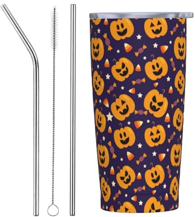 VOSERY Botella de agua de 20 onzas con tapa y popote, diseño de calabazas de Halloween, vaso aislado de acero inoxidable, taza de café de viaje, vaso personalizado