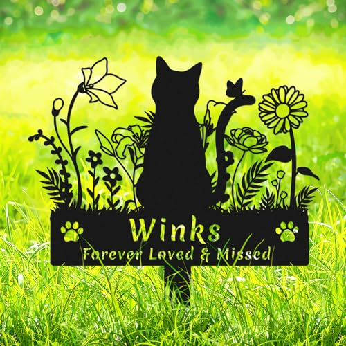 AdtHYUxq Custom Flowers Cat Memorial Grave Marker, Personalized Cat Metal Statue Memorial Remembrance Stake for Grave Lawn Yard, Customized Pet Cat Memorial Plaque Garden Stake with Paws