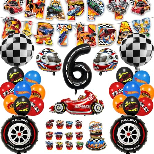 54 Pièces Decoration Anniversaire Hot Whels 6 Ans Garçon Ensemble de Fête d'Anniversaire Hot Whels, Ballon Deco Anniversaire, Ballons Set d'Anniversaire pour Garcon
