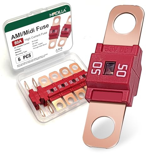 AMI/Midi Car Fuses 50 Amp High Current Fuse, Bolt-on Fuse for Cars, Buses, RVs, Trucks, Construction Vehicles, Caravans, 6 Pack