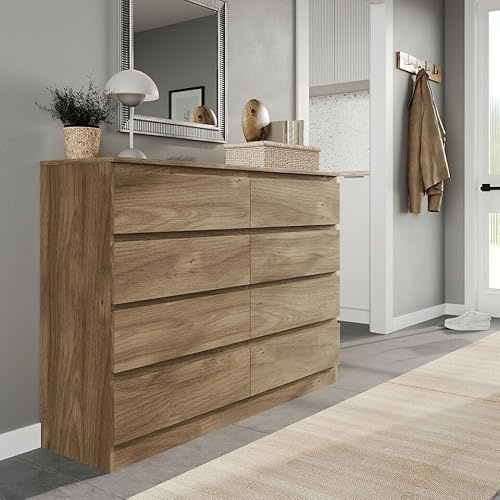 URBNLIVING Modern Oak Wooden Chest with 8 Drawers for Bedroom Office Storage Versatile Bedside Table Stylish Cabinet for Organizing Clothes Accessories Work Place Supplies and Personal Items
