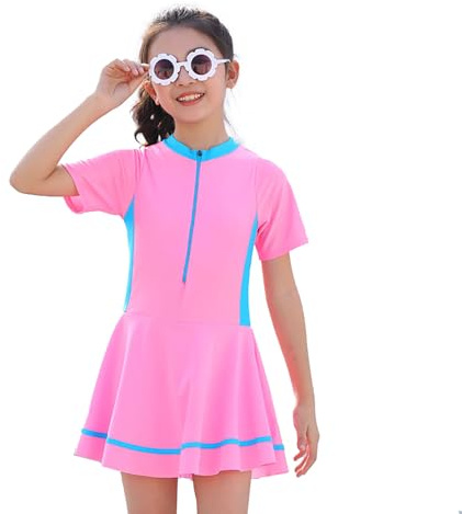 NautySaurs Traje de baño para niñas con falda, traje de baño modesto estilo escolar con pantalones cortos, traje de baño todo en uno para niñas pequeñas, Manga corta, rosa, 11-12 años