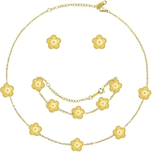 XIWCAFC Vierblättriges Kleeblatt Schmuckset für Damen und Mädchen 18 Karat Vergoldet Edelstahl Zweiseitig Anhänger Halskette Ohrstecker Armband Schmuck Set für Jewelry Geschenk Geburtstag