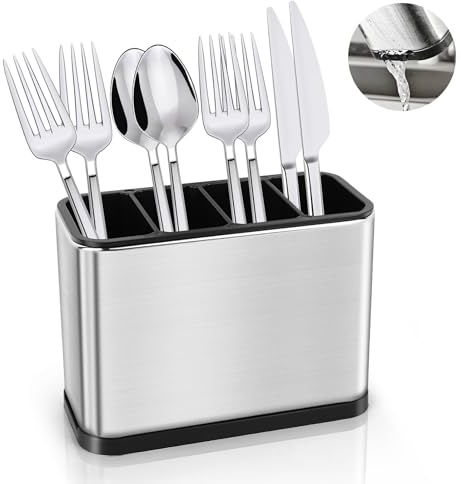 QOUBNIC Range Couvert, Porte Ustensiles Organiseurs Rangement Couvert 4 Compartiments avec Égouttoir Amovible, Ranger La Vaisselle pour Fourchette Cuillère