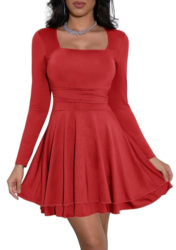 Cicy Bell Vestiti da donna a maniche lunghe, scollo quadrato, abito da festa, orlo con volant, corsetto, mini abito con vita increspata, abito corto elegante aderente, Colore: rosso, S