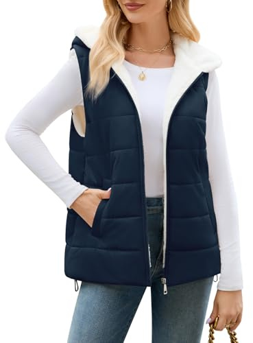 Yuson Girl Gilet Femme sans Manche Veste Polaire Chaud Léger Manteaux Matelassé Élégant Automne Hiver Vestes Moumoute Couleur Unie Zippé Hooded Sherpa Waistcoat(Marine, M)