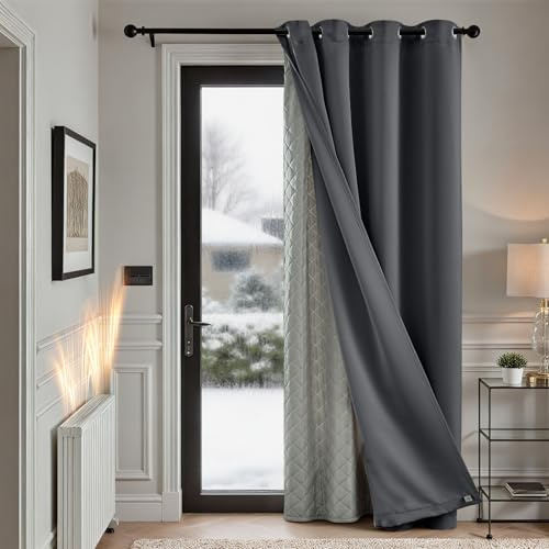 TOPICK Full Blackout Thermal Curtains 84 Inch Drop - Detachable Insulated Microfiber Layer, Grey Windproof Door Curtains for Living Room, Soundproof Bedroom Eyelet Curtain, W52 x L84 Inch, 1 Panel