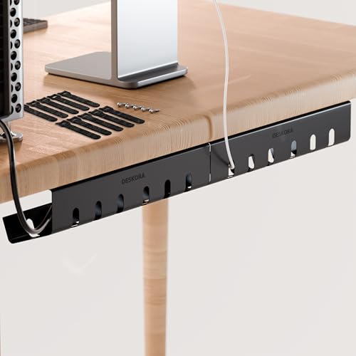 DESKORA Chemin de câbles Organisateur sous Bureau – Lot de 2 Cache câble – 44cm x 11cm – Cable Management pour PC et multiprises – Rangement câble Bureau métal Robuste avec vis et Attaches