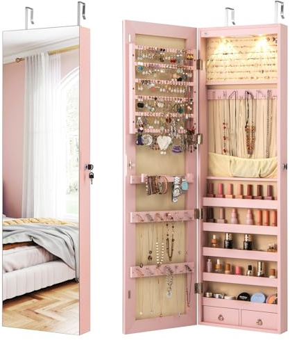 GOPLUS Schmuckschrank mit LED, Spiegelschrank hängend mit Schlüsseln, Schmuckregal mit Spiegel für Ringe, Ohrringe, Halsketten, Armbänder, 120x35,5x10cm (Rosa)