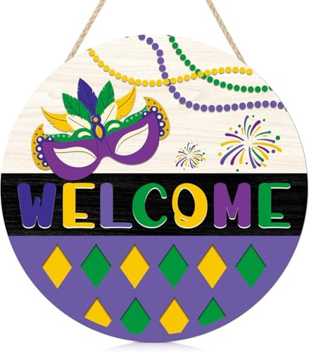 ANHUIB Willkommen Türschilder Lila Mardi Gras Türhänger Fleur de Lis Willkommen Haustürschilder Lila Maske Karneval hängende Veranda Schild für Karneval Home Party Dekorationen