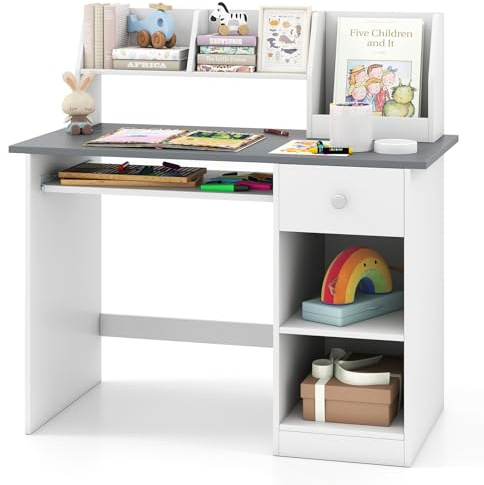 COSTWAY Kinderschreibtisch aus Holz, Kinder Schreibtisch mit Schublade, Tastaturablage & Bücherregal, Schülerschreibtisch für Kinder ab 3 Jahren, 90 x 45 x 90 cm (Grau)