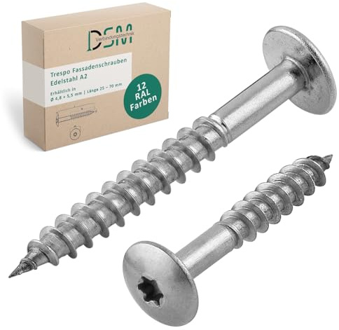 DSM – Trespo Fassadenschrauben 4,8 x 32 mm – 50 Stück Edelstahl A2 – blank | Flachrundkopf mit Torx TX20 – selbstschneidend und rostfrei [TrueSpec Präzision] Holzbauschrauben für HPL Platten