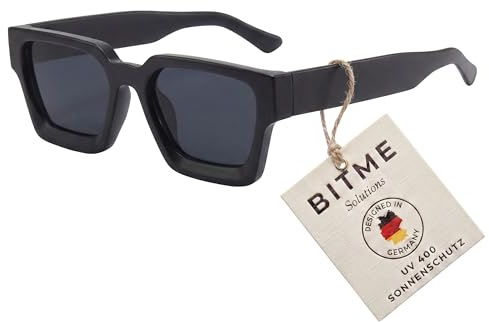 BitME Solutions Retro Sonnenbrille Herren & Damen – Vintage Sonnenbrille mit UV400 Schutz – Eckige Unisex Sonnenbrille im 90er Jahre Style inkl. Etui Schwarz