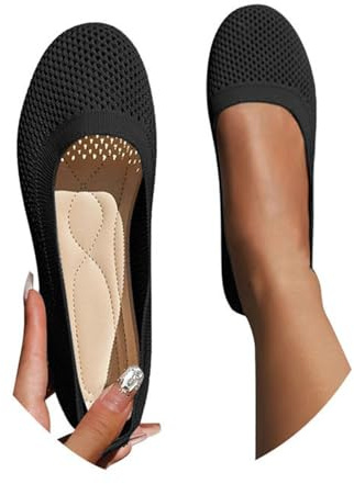 Women's Ballet Flats Wide Fit Stretch-Knit Slip-On Work Shoes Breathable Mesh Pumps Shoes with Round Toe Soft Lightweight Summer Beach Flats Solid Color Casual Dress Flats for Ladies