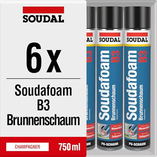 6 x Soudal Soudafoam B3, 750ml, einkomponentiger Polyurethanschaum, Brunnenschaum mit Adapter, Spar-Set (6)
