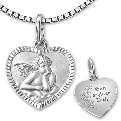 CLEVER SCHMUCK Herzkette Silber Taufgeschenk Anhänger 10 mm mit Schutzengel, Gott schütze Dich + Blumendekor & Veneziakette 38 cm Sterling 925 im Taufe Etui