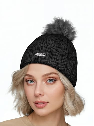 Neverless® Damen Strickmütze Zopfmuster Fleccefutter Bommelmütze Pudelmütze Wintermütze Accessoires Herbst Winter Model 2213 Schwarz Unisize
