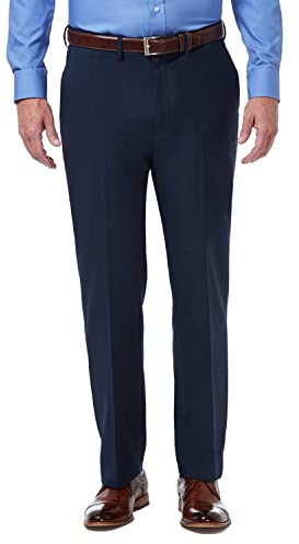 Haggar Mens Premium Comfort Classic Fit Flat Front Expandable Waist Dress Pants, Blue, 34W x 30L US