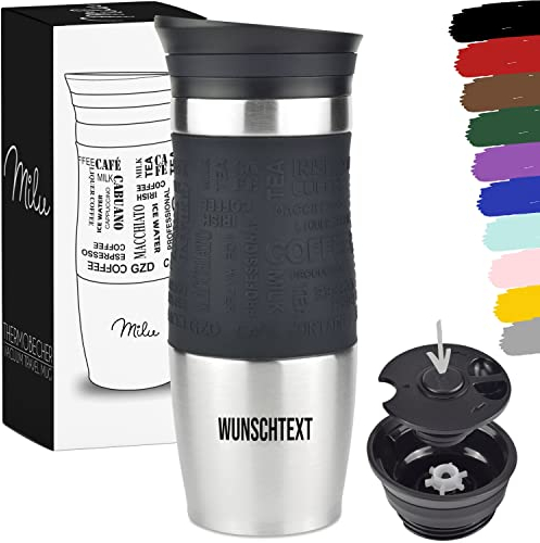 Milu Thermobecher 370ml mit Gravur - als Geschenk-Idee Ostern, Vatertag, Muttertag, Weihnachten, Einschulung, Liebesgeschenk, Geburtstag, Frauen und Männer Mama Papa Kinder (Schwarz + Gravur)