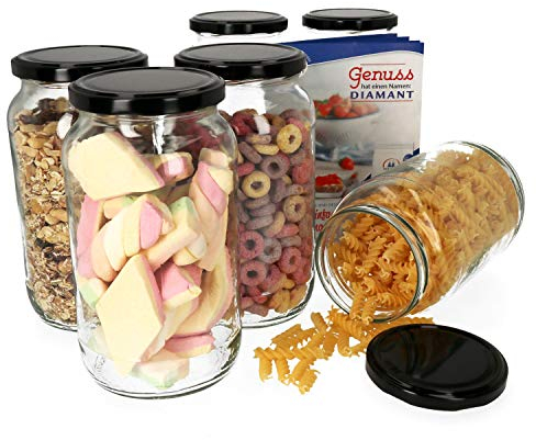 MamboCat 6er Set Einmachglas 1062 ml I Rundgläser Einkochgläser mit Schraubdeckel I Twist Off to 82 I Aufbewahrungsgläser mit Deckel in Schwarz I inkl. Rezeptheft