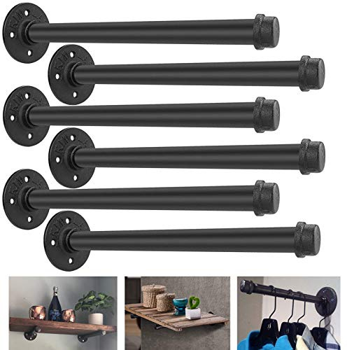 Aconnet 6 Pack Industrial Pipe Shelf Brackets 12 Inches Iron Pipe Floating Shelf Bracket 12 Inch Black Heavy Duty Wrought Metal Shelfs Bracket Wall Shelves Brackets for Garment Rack Vintage Furniture