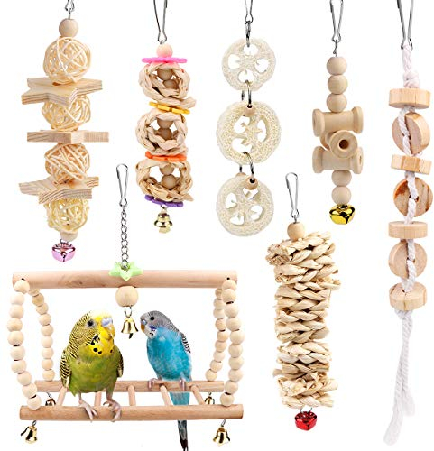 Vegena Vogelspielzeug, Vögel Holzleiter Spielzeug mit Landeplatz Vogelkäfig Zubehör für Wellensittich Papageien Graupapageien Nymphensittiche Finken Sittiche Kakadus Aras (Mehrfarbig (7stk.))