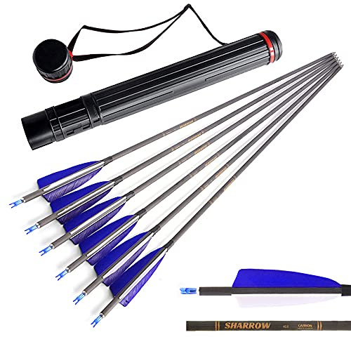 SHARROW 12st Bågskytte Kolpilar 34 tum Jaktpilar Bultar Spine 400 Fletching 4 Turkietfjädrar Kol Pilar för Recurvbågar Compound Båge (Blå+pilkogger)