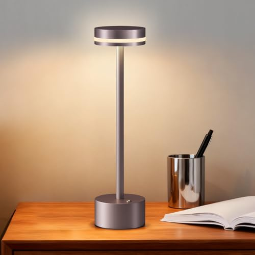 FUNTAPHANTA Lámpara de mesa LED recargable inalámbrica con sensor táctil, carcasa de aluminio, puerto de carga USB-C, lámpara de noche de metal portátil de 3000 K (marrón)