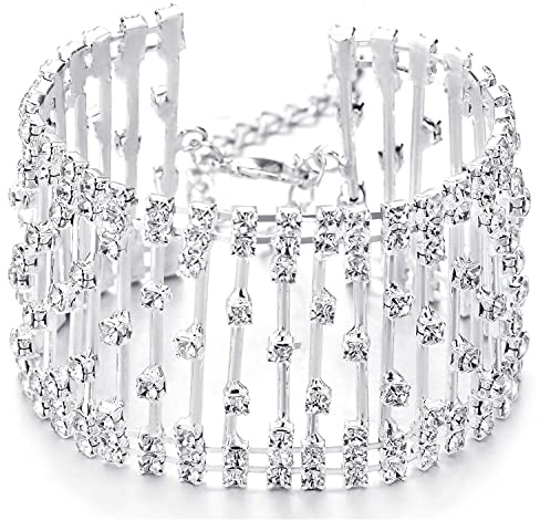 COOLSTEELANDBEYOND Scintillante Linea di Strass Pavé Cluster Largo Braccialetto Bracciali