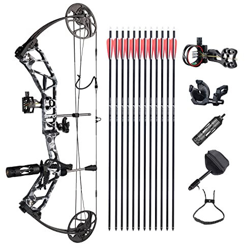 HNZMDY Bogenschießen Compound Bogen Kit 19-70Lbs Zuggewicht Jagdbogen Sportbogen 19-30 Auszugslänge IBO 320fps mit Allem Zubehör für Erwachsene und Anfänger (Schwarz Camo)