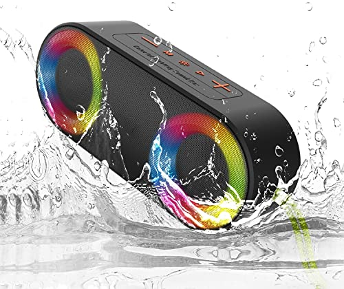 TOMPROAD Altavoces Bluetooth portátiles impermeables con luces LED, sonido estéreo inalámbricos, altavoces de ducha de graves ricos, altavoces para exteriores, compatible con radio FM, luces RGB para