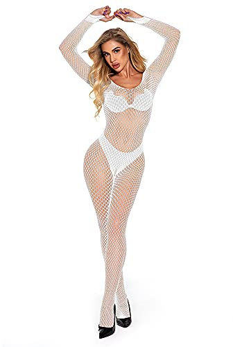 E-Laurels Women Fishnet Bodysuit Teddy Body Stockings Mesh Lingerie Nightgown One Piece（W412-WHITE）