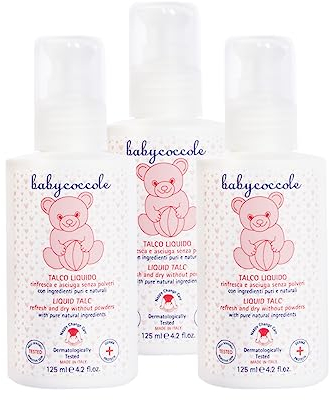 Babycoccole-Set, 3 Stück, flüssiger Talkum, kein Talkum, verhindert Windelröten, trocknet und erfrischt die Haut nach dem Baden, reguliert natürlich das Schwitzen. 3 x 125 ml