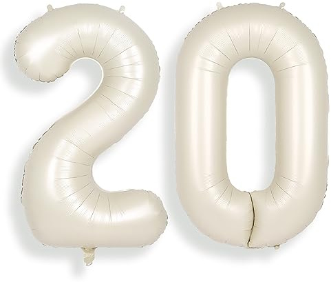 SUWEN 40 Inch Cream White Large 20 Number Balloons Big Foil Helium Number Balloons 0-9 Jumbo Happy 20th Mylar Birthday Party Decorations for Women or Men Anniversary Party Supplies