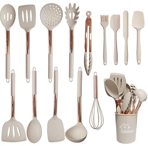 UXIYI Juego de utensilios de cocina, utensilios de cocina de silicona, juego de espátula de silicona con mango de acero inoxidable de oro rosa, herramientas de cocina sin ollas pegajosas,15PCS