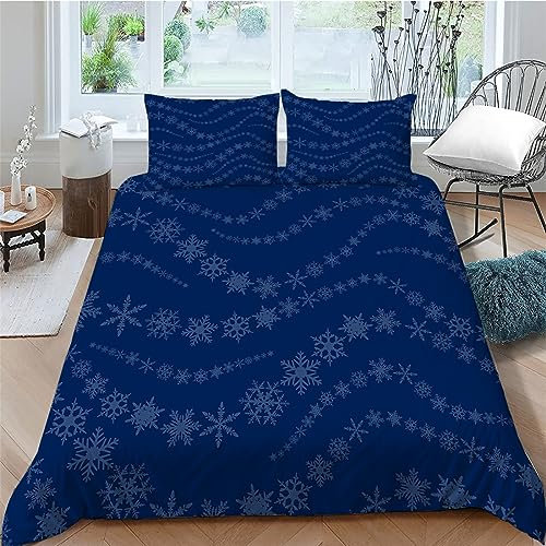 Bettwäsche 220x240 3 teilig Winter Bettbezug 220 x 240 Set mit Kissenbezüge, Winterbettwäsche 240x220 aus Mikrofaser Weich Bettwäsche Set mit ReißverschlussBlaue Schneeflocken