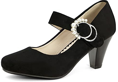 elerhythm Mary Janes 20 Retro Block Velours Talons Gatsby Vintage fermé bout rond avec boucle de perle, sangle de cheville, Noir , 37 EU