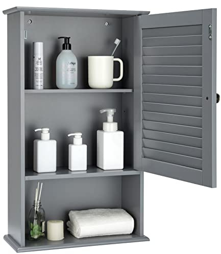 LIFEZEAL Armario de baño de Pared con 3 estantes de Almacenamiento, 42 x 17 x 70 cm, Armario de Almacenamiento Colgante de una Puerta de Madera para Cuarto de baño, Estante Ajustable (Gris)