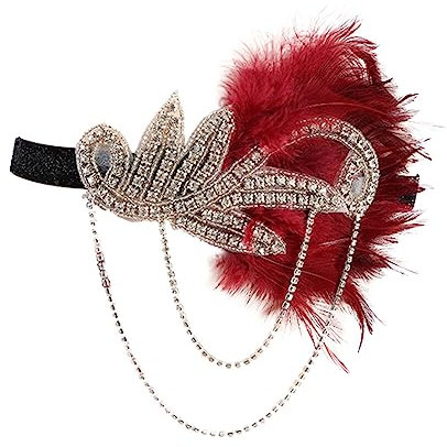 Vintage Stirnband,iSpchen Feder Kristall Haarreif 20er Jahre Stirnband Flapper Haarband Gatsby Haarschmuck für Braut Bühne Show Party Kostüm Accessoires,Silber Rot