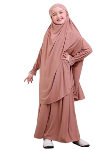 Gebetskleidung f?r M?dchen Kinder Muslimische Kleider Lang Khimar mit Rock Set Arabische Islamische Kleinkinder Hijab Gebetskleid Abaya Kaftan Maxikleid Mittlerer Osten Dubai Robe Orange Rosa 5-6J
