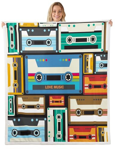 Vintage Music Tape Throw Blanket,80s Retro Tape Print Blankets,Audio Cassette Musical Style Fleece Blanket for Kids Girls Boys Adult Room Decor,Blue Brown Sherpa Blanket,for Chair/Sofa,60×80