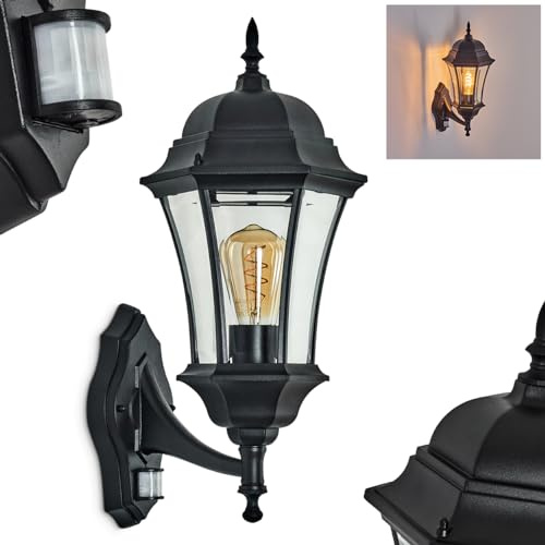 HOFSTEIN Außenwandleuchte Etoo, Außenwandlampe mit Bewegungsmelder aus Metall/Glas in Schwarz/Klar, Wandleuchte Up außen im Landhaus/Retro/Vintage-Stil, E27, IP44, Eingangsbereich, Terrasse, Haustür