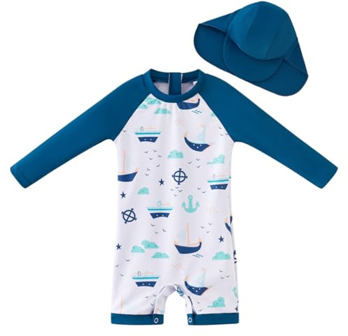 UMELOK Baby Jungen Badeanzug UV Schutz 50+ Einteilige Schwimmanzug Mit Sonnenhut (Blau Segelschiff, 3-6 Monate/62-68 cm)