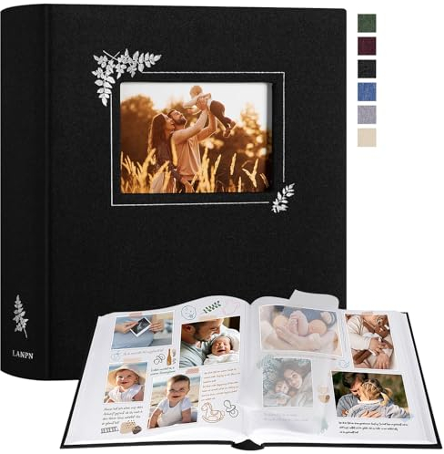 Lanpn Album Photo Scrapbooking, Grand Lin conception de fenêtre DIY Album 100 Pages Blanches Avec Séparateurs de Cellophane Pour 9x13cm 10x15cm 13x18cm Photos (30x33,5cm, Noir)