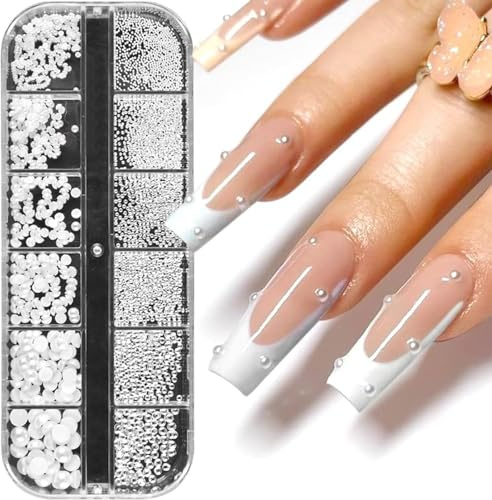 SURALIN 1 Scatola/12 Pezzi Ciondoli per Nail Art con Perle Bianche, Strass Unghie a Semicerchio, Piccole Perline in Acciaio Inossidabile Decorazione per Nail Art con Pietra Brillantini