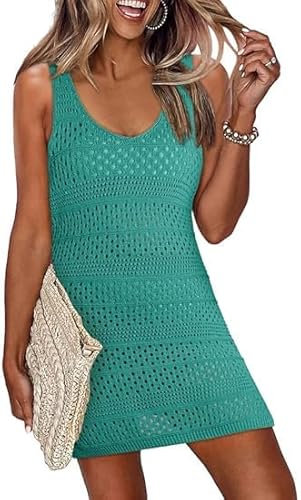 Cuptacc Überwurf Damen Ärmellos Strandponcho Strandurlaub Bikini Cover-Ups V Ausschnitt Sommerkleid Grün XL 46-48
