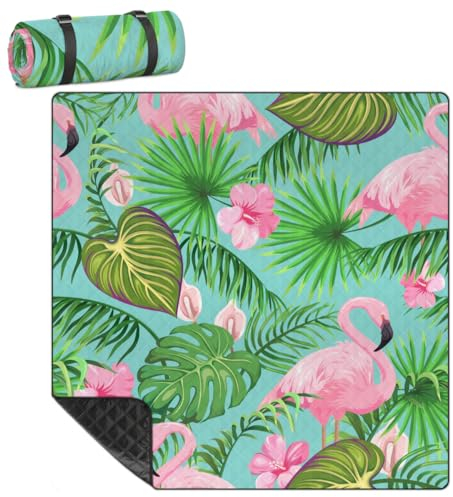 Mularoka Picknickdecke mit Flamingo-Blumen und Blättern, wasserdicht, sanddicht, faltbar, Stranddecke, 200,7 x 200,7 cm, extra groß, tragbar, waschbar, Outdoor-Matte für Camping, Park, Gras, Wandern,